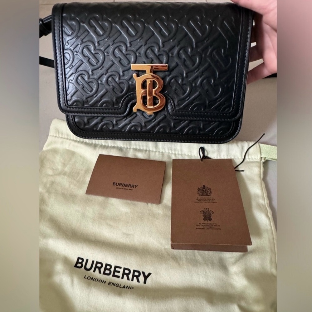 Burberry Black Leather Quilted TB Monogram Shoulder Bag with Gold Logo